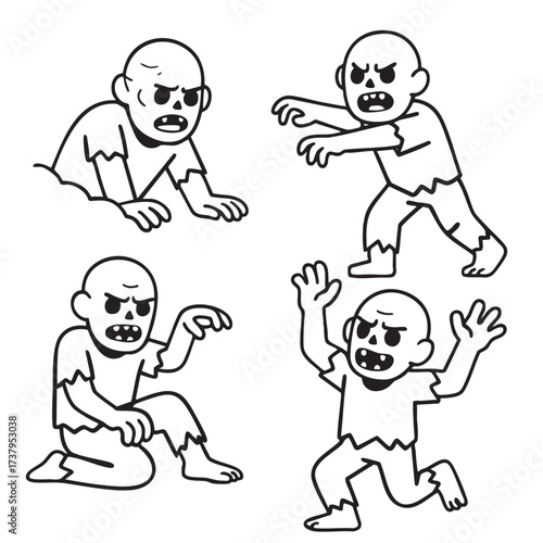 Zombie cartoon character, angry expression, tattered clothes, four poses, black and white