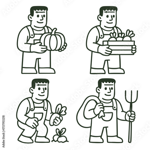 Farmer holding pumpkin, crate of vegetables, harvesting, carrying sack, and pitchfork