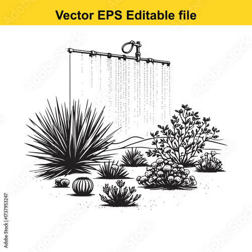 Vector art of desert landscape with irrigation system