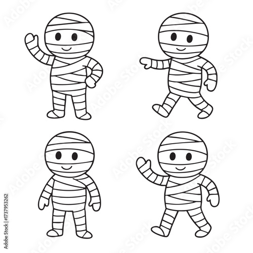 Cute mummy cartoon, black and white, happy, simple line art, four poses, Halloween theme