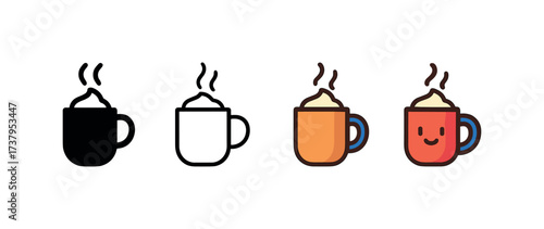 Vector icon hot chocolate mug four styles black solid glyph outline minimal flat multicolor filled cartoon flat shaded.
