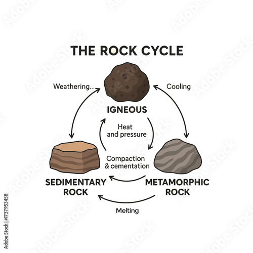 Rock Cycle Diagram Vector – Igneous, Sedimentary, Metamorphic Rocks Infographic. Perfect for geology education, earth science infographics, classroom posters, and textbooks