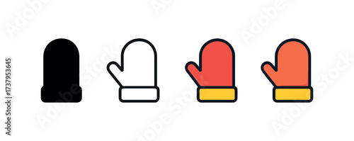 Vector icon mittens pair four styles black solid glyph outline minimal flat multicolor filled cartoon flat shaded.