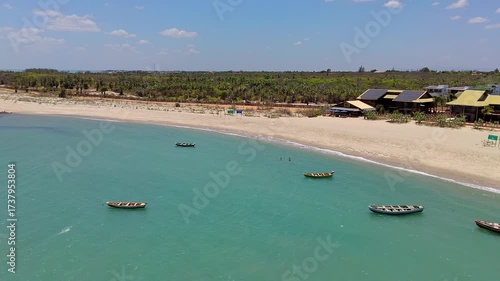 Barra Grande beach in Piauí, Brazil. Aerial view of calm turquoise sea, fishing boats, golden sand, tropical landscape. Famous travel and nature destination in Northeast Brazil.