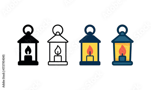 Vector icon candle lantern four styles black solid glyph outline minimal flat multicolor filled cartoon flat shaded.