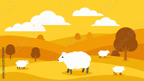 Cartoon sheep grazing in a golden field