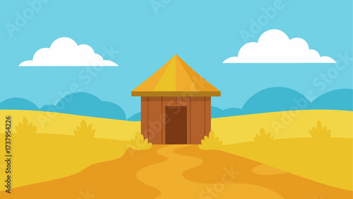 A hut in a field under a cloudy sky day