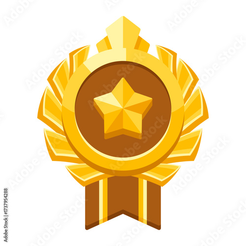 Gold medal with ribbon and star. Game award for the winners. Illustration of prize for sports competitions.