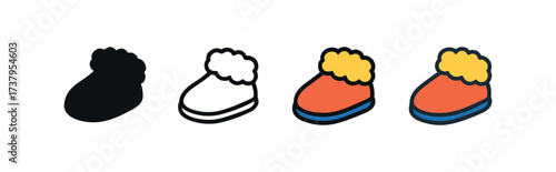 Vector icon wool slippers four styles black solid glyph outline minimal flat multicolor filled cartoon flat shaded.