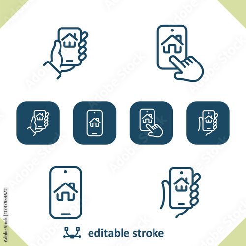 Smart Home Icons. House, Technology, Smartphone, Hand Icon