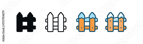 Vector icon snow covered fence four styles black solid glyph outline minimal flat multicolor filled cartoon flat shaded.