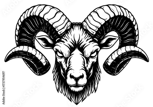 A formidable ram head is captured in a striking monochrome illustration, its intense gaze and massive, curved horns conveying raw, unyielding power.