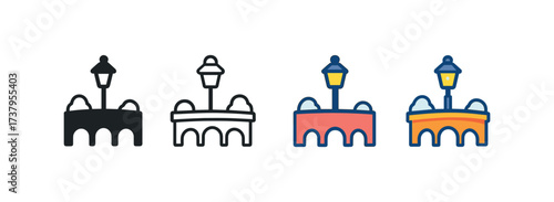 Vector icon snowy bridge lamp four styles black solid glyph outline minimal flat multicolor filled cartoon flat shaded.