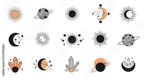 Celestial bodies and cosmic elements in a stylized artistic design.