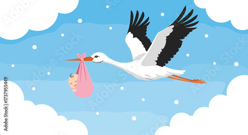 A stork carries a baby through the sky with clouds and snowflakes