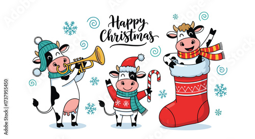 Happy christmas cows playing music and celebrating in festive winter attire.