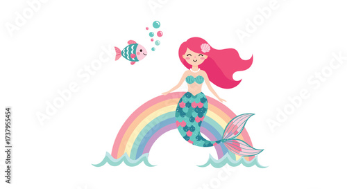 A cheerful mermaid with pink hair sits on a pastel rainbow over ocean waves with a small fish swimming nearby and little hearts floating in the air.