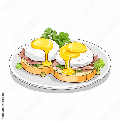 A delicious plate of Eggs Benedict, featuring two perfectly poached eggs with runny yolks, served on English muffins with ham and a garnish of parsley.