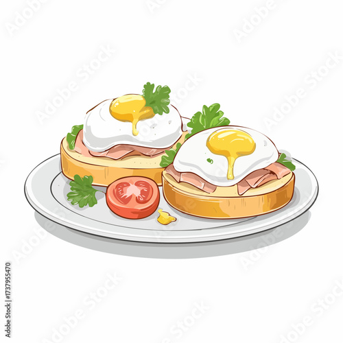 Two servings of classic Eggs Benedict with poached eggs, ham, and hollandaise sauce on toasted English muffins, garnished with fresh parsley and a tomato slice, served on a white plate.