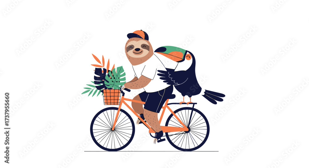 Naklejka premium A sloth riding a bicycle with a toucan on its back carrying plants.