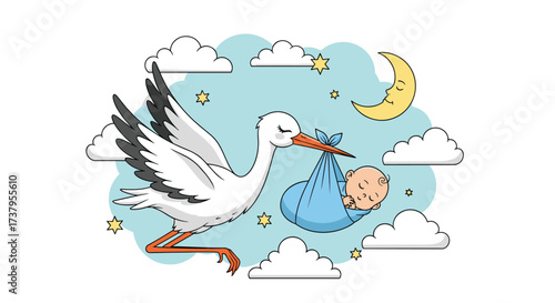 The stork delivers a newborn baby boy to his waiting parents in a cloudy sky.