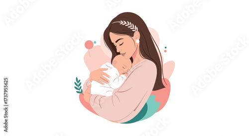 A tender illustration of a mother holding her baby in a loving embrace.