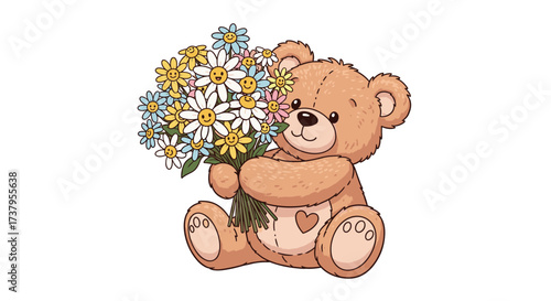 A cute teddy bear holding a beautiful bouquet of wildflowers and daisies.