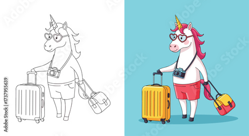A whimsical unicorn packs for a sunny vacation with a yellow suitcase.