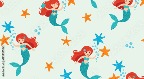 Whimsical underwater scene with playful mermaids and colorful starfish characters.
