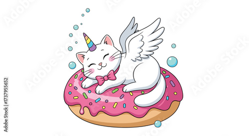A cute winged unicorn cat with a pink bow sleeps peacefully on a sweet donut.