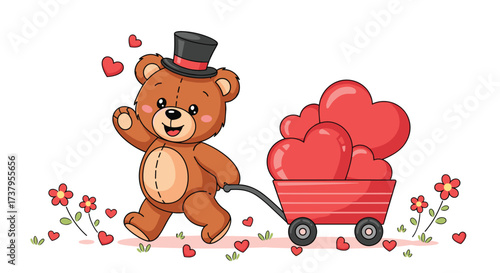 A cute teddy bear wearing a hat pulls a wagon filled with hearts and flowers.