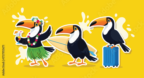 Three toucans enjoying a tropical vacation with a surfboard and luggage