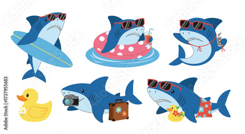 Cute cartoon sharks enjoying a sunny summer vacation.