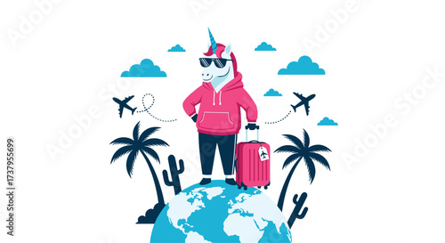 A cool unicorn character is ready to travel the world with their luggage.