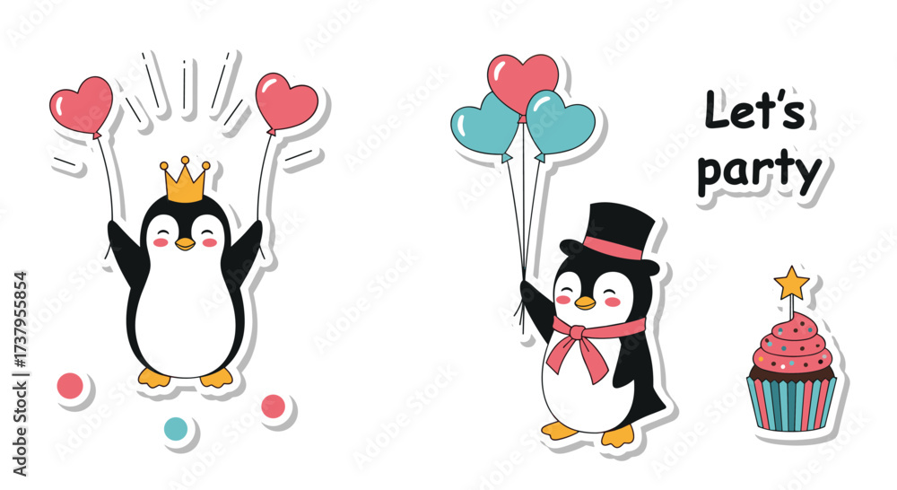 Naklejka premium Cute penguins celebrating with balloons cupcakes and crowns for a special occasion.