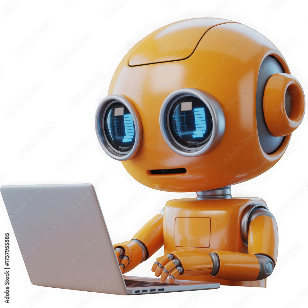 Fototapeta premium A cute AI robot character performing various business and finance activities, GPT chatbot icon. Artificial intelligence, trendy technology, support service, funny automation computer