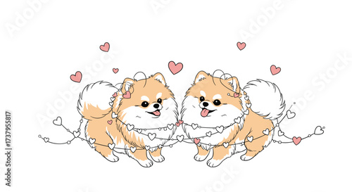 Two adorable fluffy pomeranian puppies sitting close together with pink hearts floating above their heads and small pink flower buds and leaves.