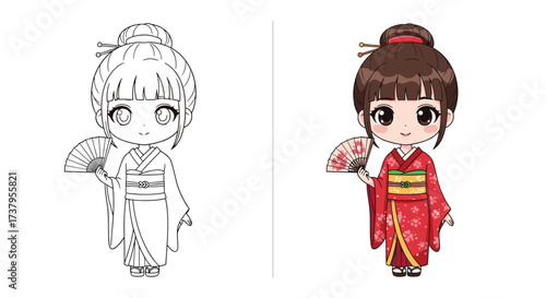 A cute anime girl in a traditional kimono holding a fan.