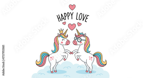 Two magical unicorns celebrating their happy love on a cloudy day.