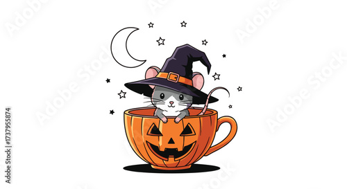 Cute little witch mouse in a pumpkin cup with moon and stars.