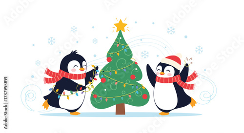 Two playful penguins decorate a festive Christmas tree with colorful lights for the holidays.