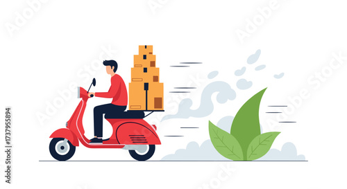 A man riding a red scooter with boxes on the back.