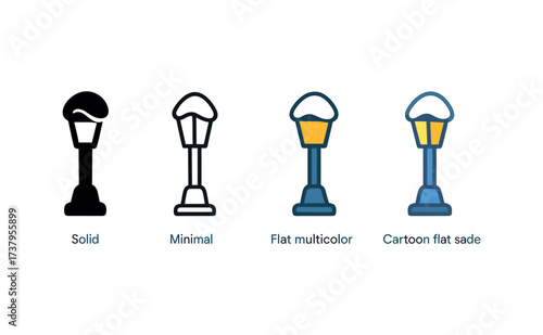 Vector icon snow covered lamppost four styles black solid glyph outline minimal flat multicolor filled cartoon flat shaded.