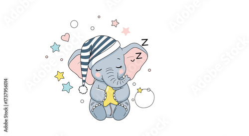 A sweet dreaming baby elephant wearing a striped hat holds a star.