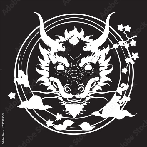 Illustration of a head of a DRAGON Is white on black background and enclosed in a circle with appropriate Asian elements 