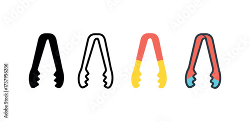 Vector icon ice tongs four styles black solid glyph outline minimal flat multicolor filled cartoon flat shaded.
