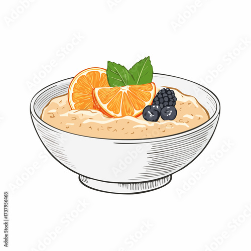 Bowl of porridge with orange slices, berries and mint leaves.