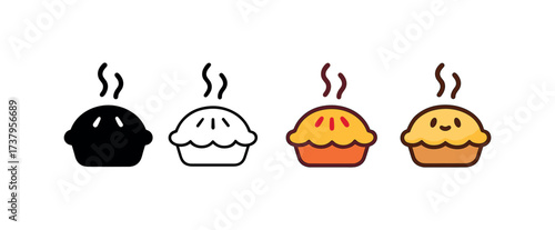 Vector icon steaming pie four styles black solid glyph outline minimal flat multicolor filled cartoon flat shaded.