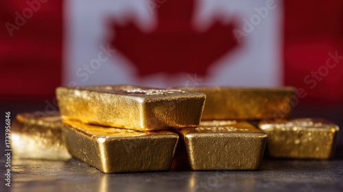 Wallpaper Mural Gleaming Gold Bars Stacked with a Soft Focus on a Canadian Flag in the Background Highlighting Wealth and Prosperity in Canada’s Economy Torontodigital.ca