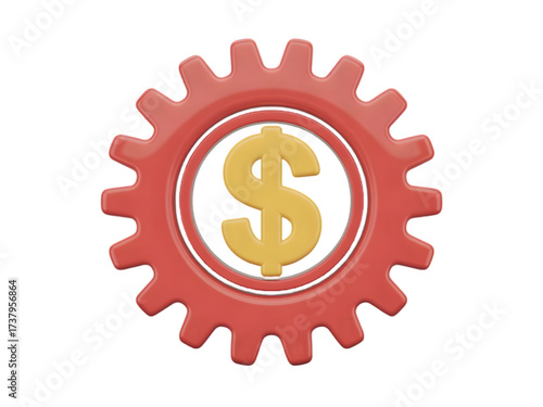 3D rendering of a red industrial gear encompassing a golden dollar sign, symbolizing money management and efficiency isolated on transparent background